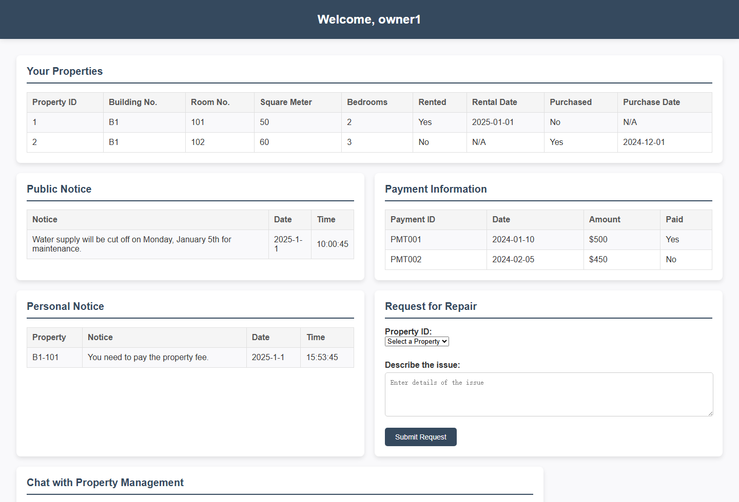 Property Management System owner dashboard running locally